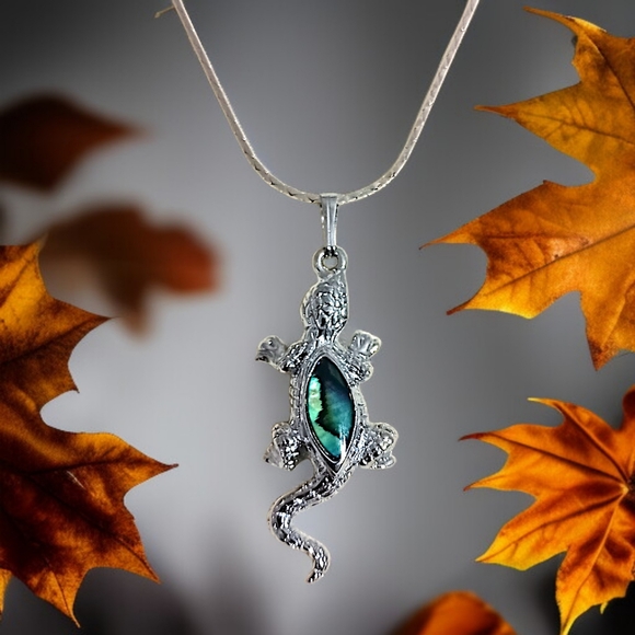 Vintage Lizard Gecko‎ Pendant Necklace Silver Tone Shell Glass Abalone Inlay - Picture 9 of 16